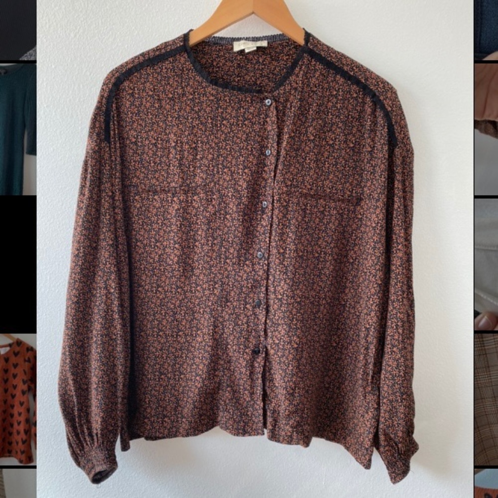 Leaf Print Box Waist French Blouse